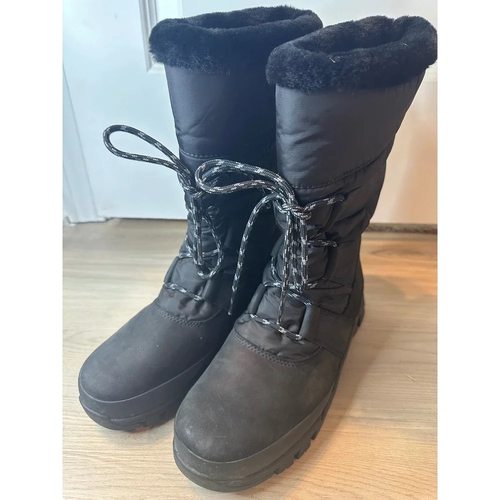 Timberland Women 10 Black Winter Boots Faux Fur Trim Lace Up Snow Boots Lug Sole